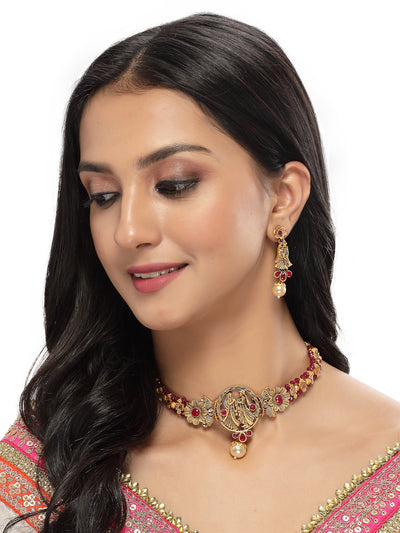 Sukkhi Distinguished Temple Gold Plated Rani Pink Stone Choker Necklace Set With Earring | Jewellery Set For Women (NS105692)