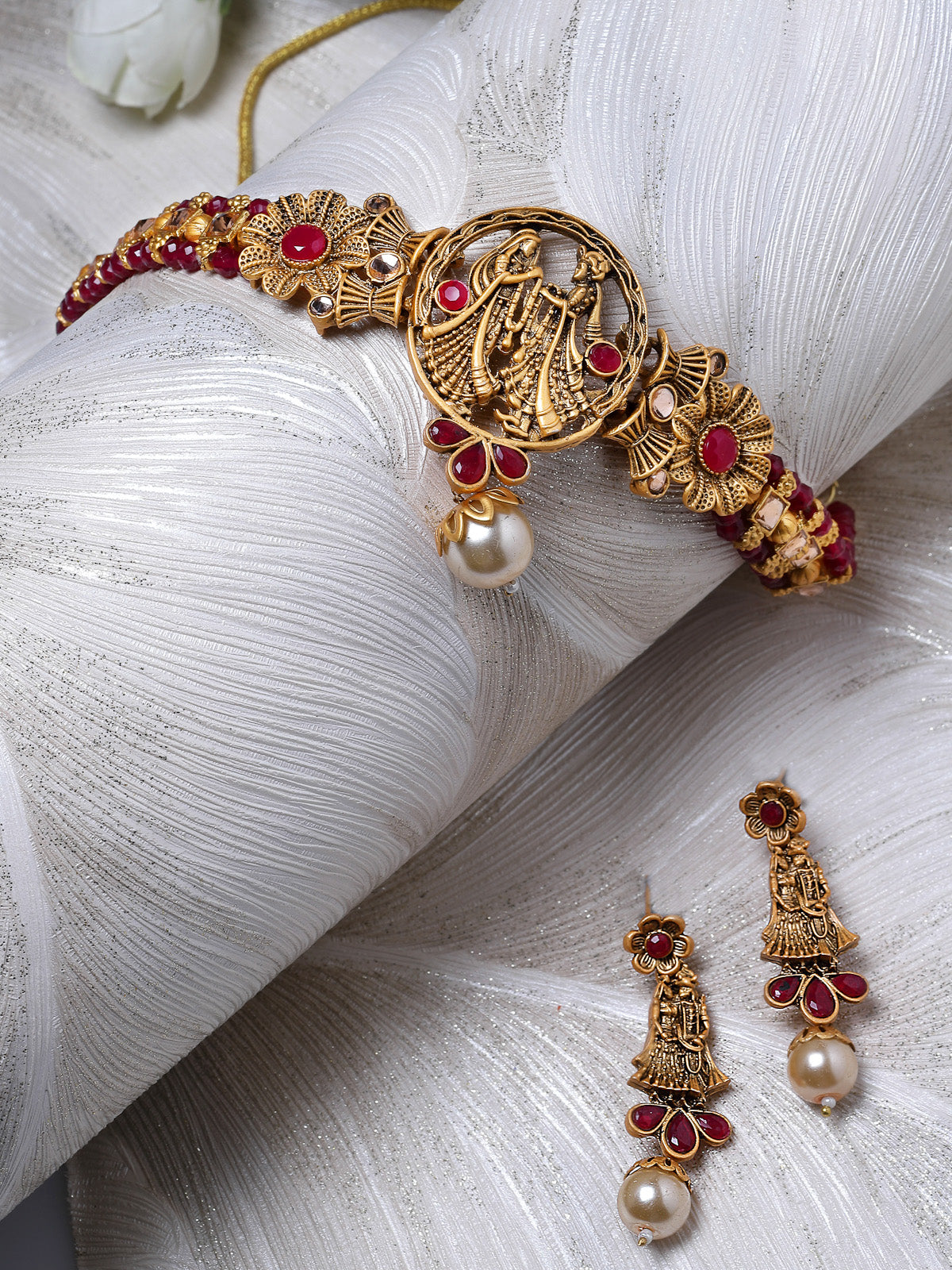 Sukkhi Distinguished Temple Gold Plated Rani Pink Stone Choker Necklace Set With Earring | Jewellery Set For Women (NS105692)