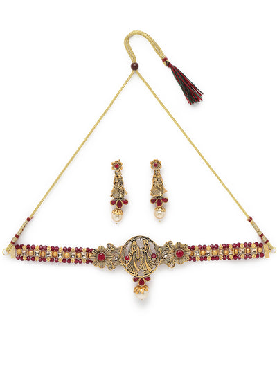 Sukkhi Distinguished Temple Gold Plated Rani Pink Stone Choker Necklace Set With Earring | Jewellery Set For Women (NS105692)