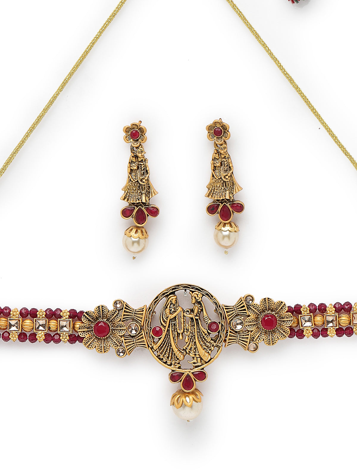 Sukkhi Distinguished Temple Gold Plated Rani Pink Stone Choker Necklace Set With Earring | Jewellery Set For Women (NS105692)