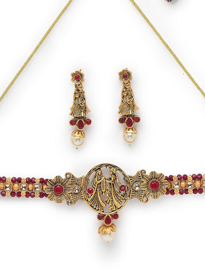 Sukkhi Distinguished Temple Gold Plated Rani Pink Stone Choker Necklace Set With Earring | Jewellery Set For Women (NS105692)