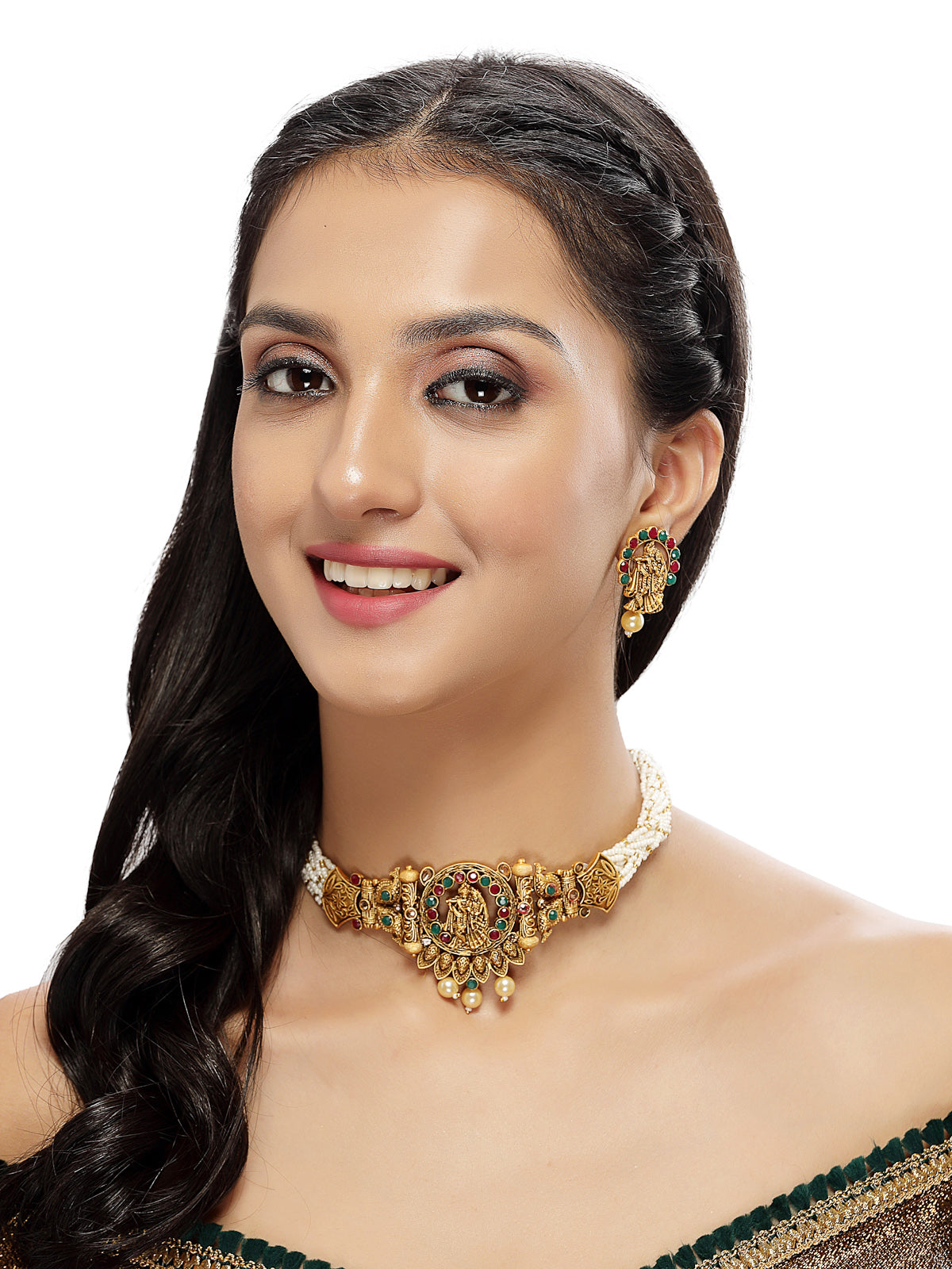 Sukkhi Innovative Temple Gold Plated Red & Green Stone Temple Choker Necklace Set With Earring | Jewellery Set For Women (NS105693)