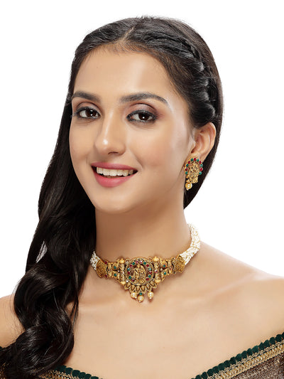 Sukkhi Innovative Temple Gold Plated Red & Green Stone Temple Choker Necklace Set With Earring | Jewellery Set For Women (NS105693)
