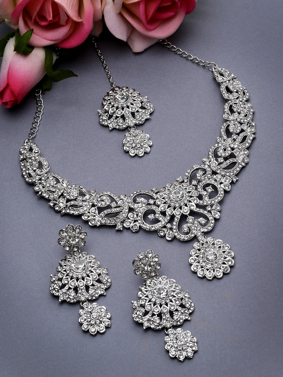 Sukkhi Magnetic Rhodium Plated Silver AD White Stone Collar Bone Necklace Set With Earring And Maangtika | Jewellery Set For Women (NS105694)