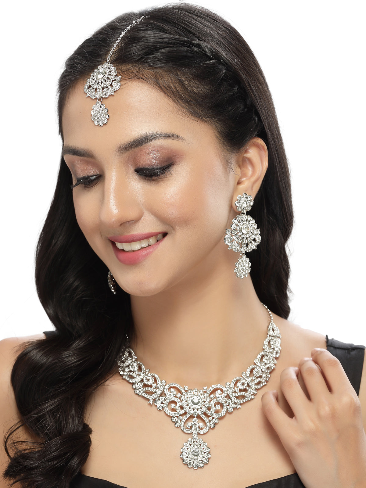 Sukkhi Magnetic Rhodium Plated Silver AD White Stone Collar Bone Necklace Set With Earring And Maangtika | Jewellery Set For Women (NS105694)
