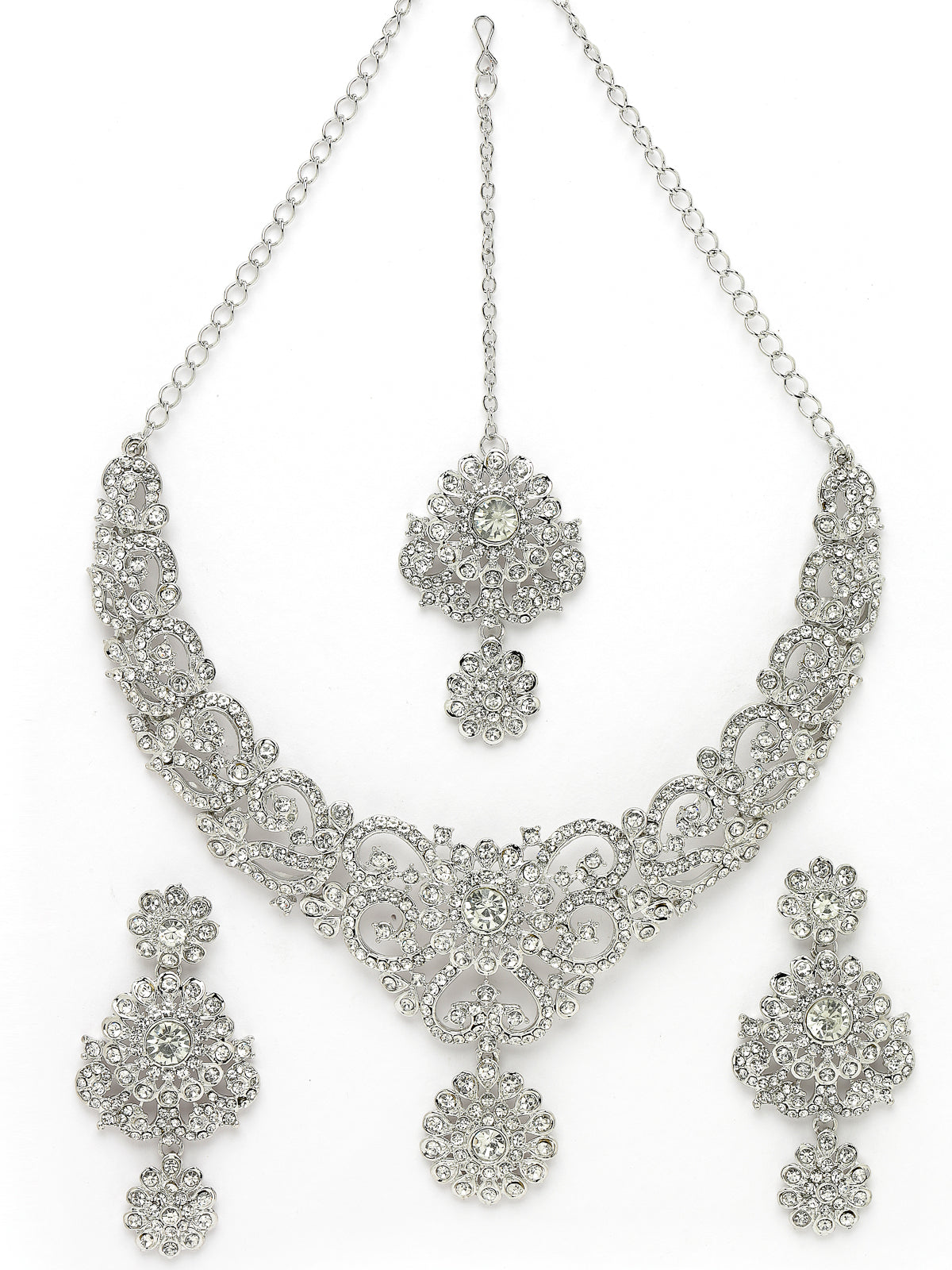 Sukkhi Magnetic Rhodium Plated Silver AD White Stone Collar Bone Necklace Set With Earring And Maangtika | Jewellery Set For Women (NS105694)