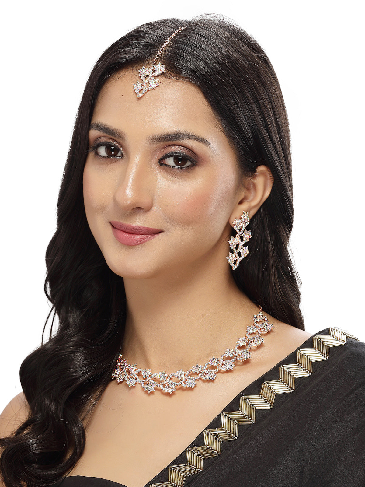 Sukkhi Summer-Ready Rose Gold Plated Rainbow Stones Collar Bone Necklace Set With Earring And Maangtika | Jewellery Set For Women (NS105695)