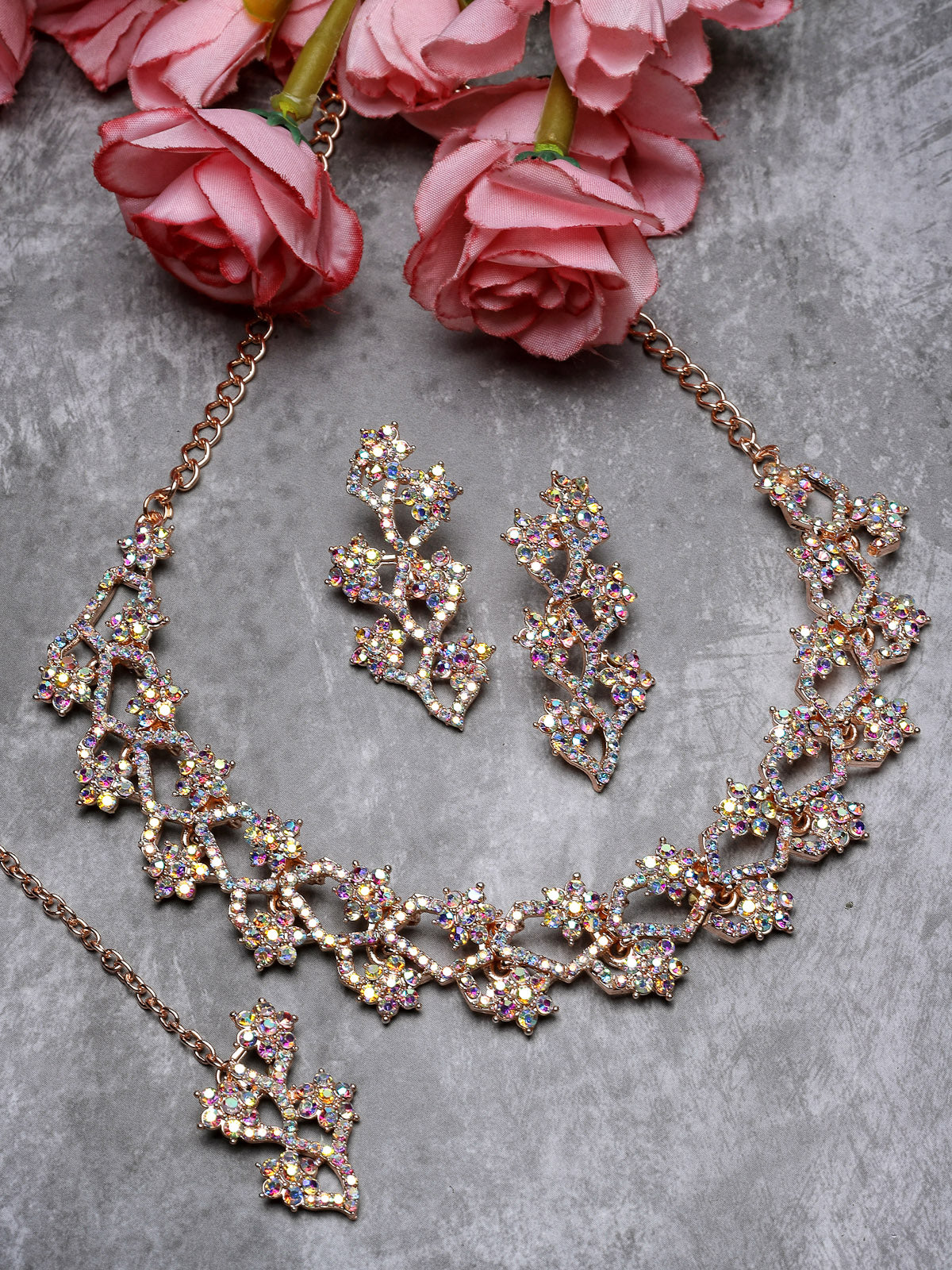 Sukkhi Summer-Ready Rose Gold Plated Rainbow Stones Collar Bone Necklace Set With Earring And Maangtika | Jewellery Set For Women (NS105695)