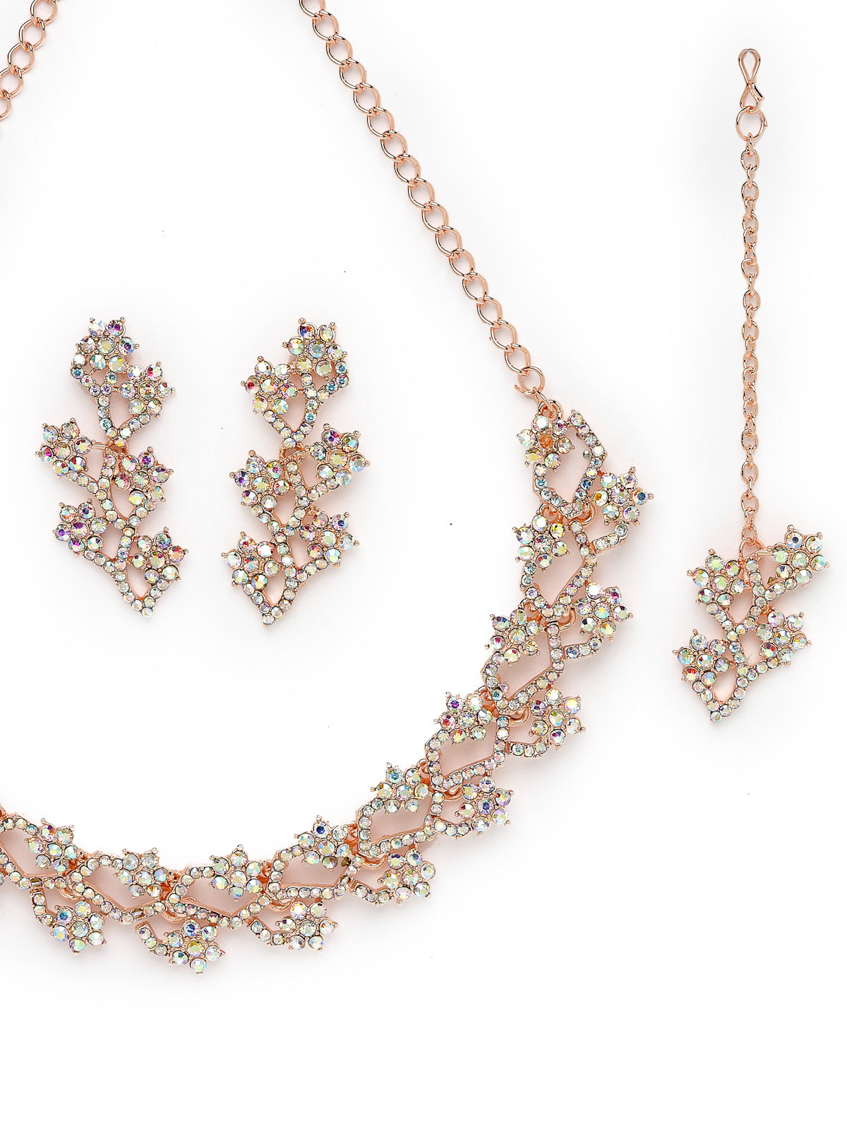 Sukkhi Summer-Ready Rose Gold Plated Rainbow Stones Collar Bone Necklace Set With Earring And Maangtika | Jewellery Set For Women (NS105695)