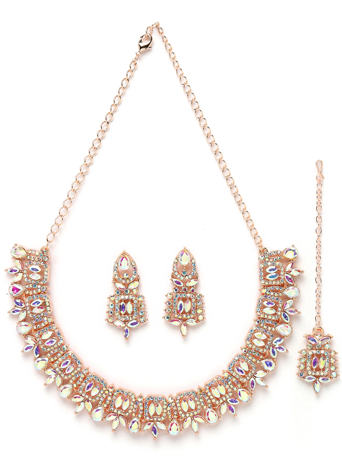 Sukkhi Versatile Rose Gold Plated Rainbow Stone Collar Bone Necklace Set With Earring And Maangtika | Jewellery Set For Women (NS105696)