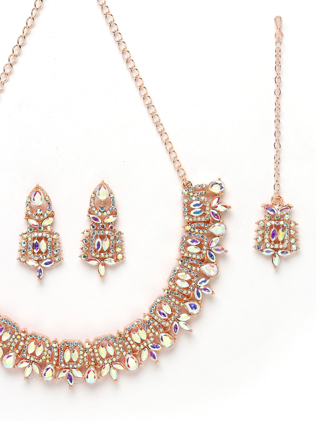 Sukkhi Versatile Rose Gold Plated Rainbow Stone Collar Bone Necklace Set With Earring And Maangtika | Jewellery Set For Women (NS105696)