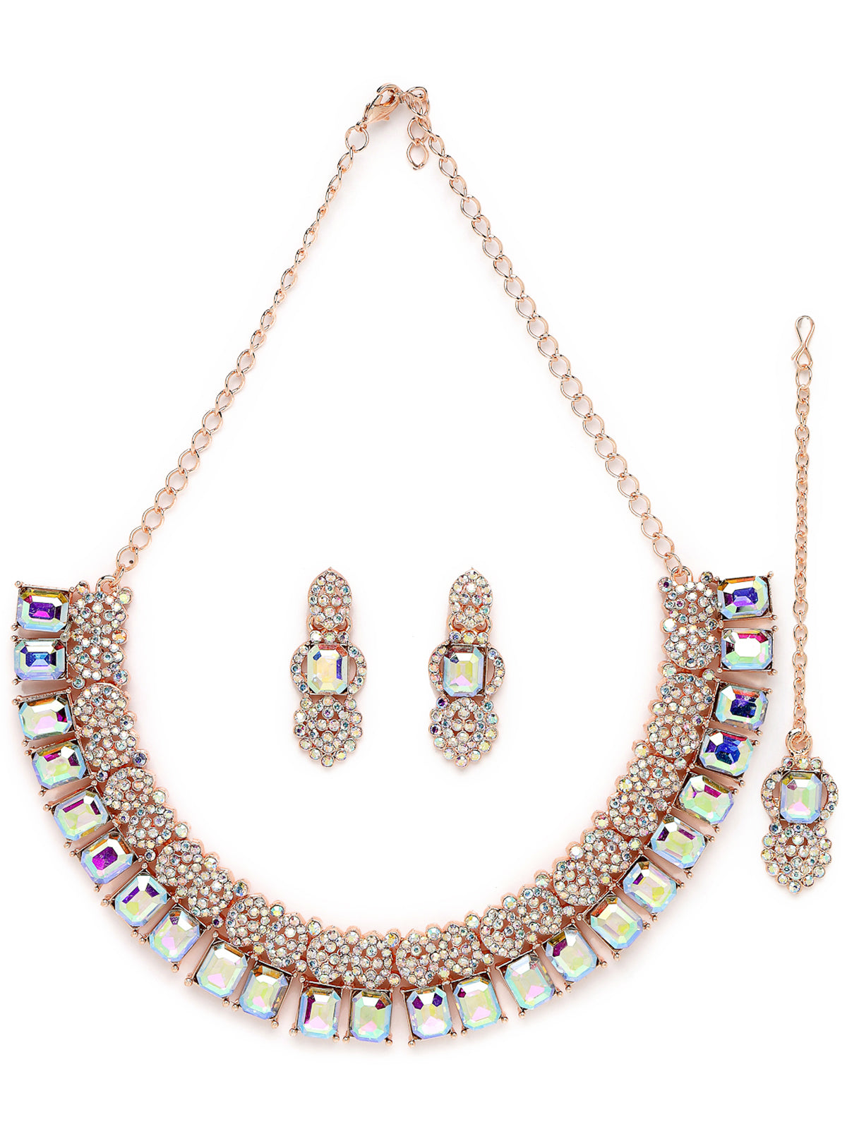Sukkhi Striking Rose Gold Plated Rainbow Stones Collar Bone Necklace Set With Earring And Maangtika | Jewellery Set For Women (NS105697)