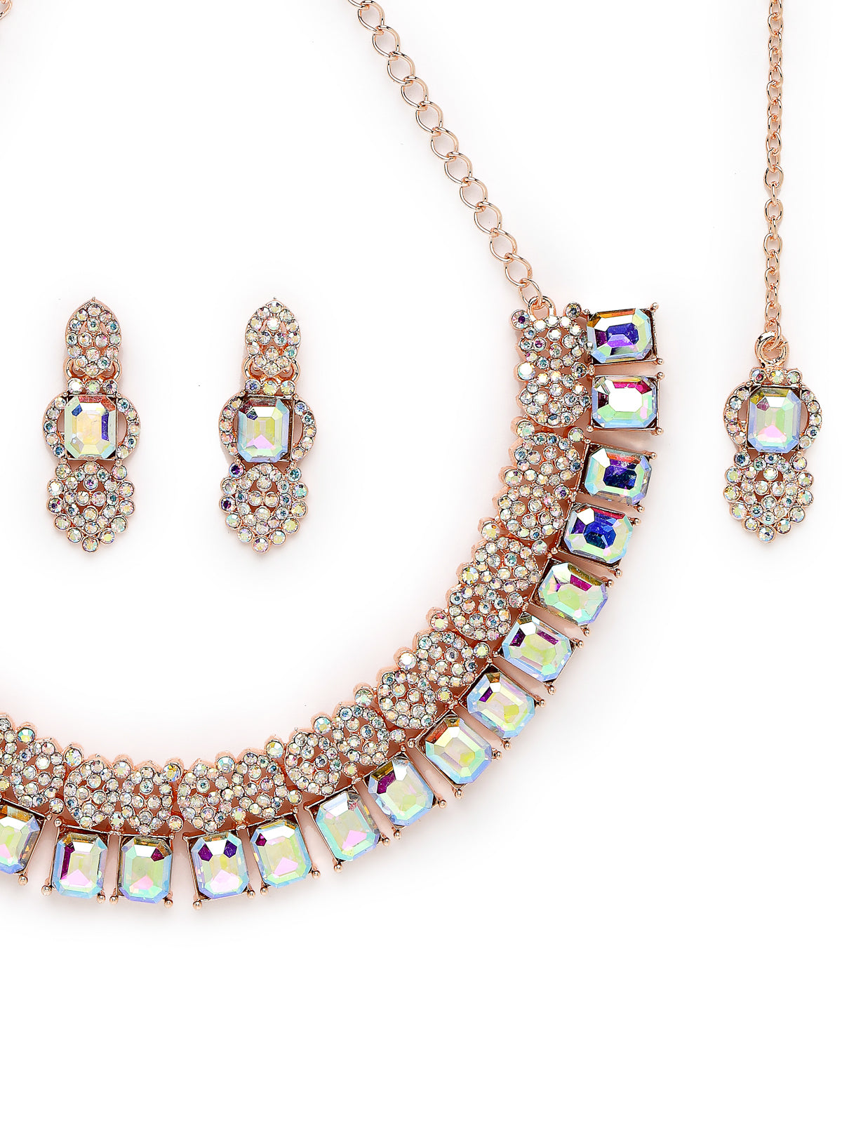 Sukkhi Striking Rose Gold Plated Rainbow Stones Collar Bone Necklace Set With Earring And Maangtika | Jewellery Set For Women (NS105697)