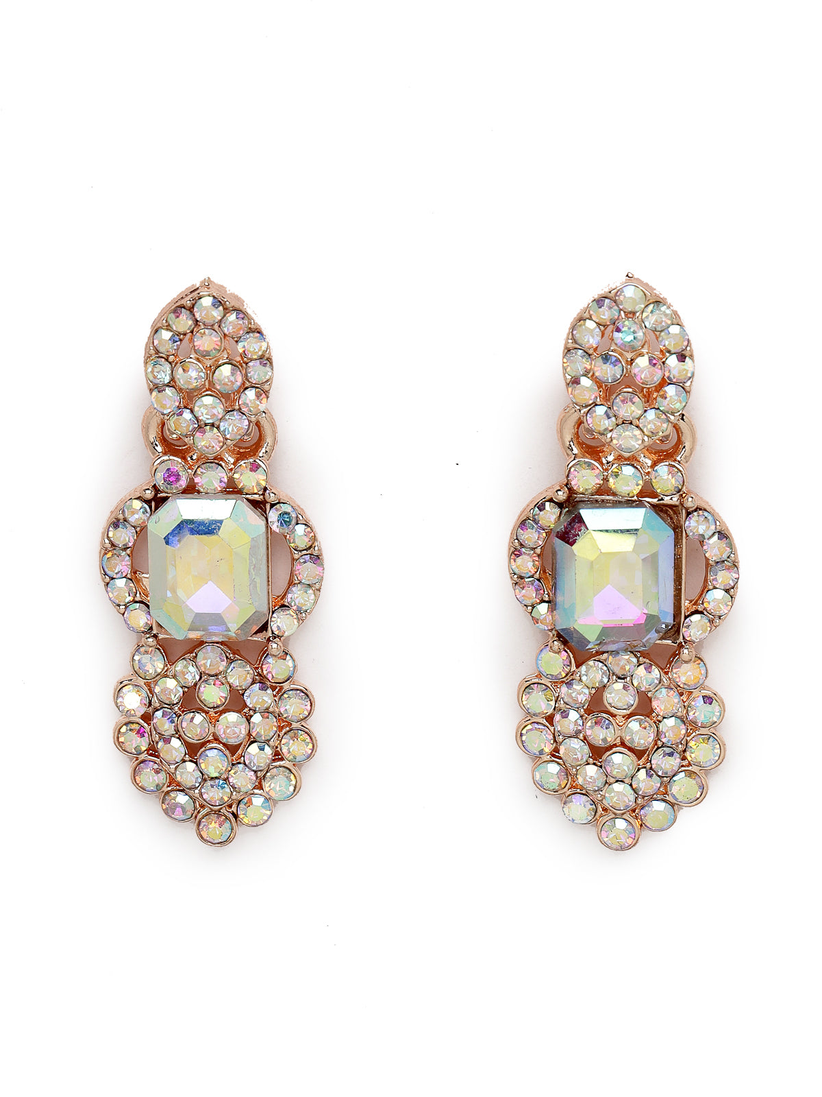 Sukkhi Striking Rose Gold Plated Rainbow Stones Collar Bone Necklace Set With Earring And Maangtika | Jewellery Set For Women (NS105697)