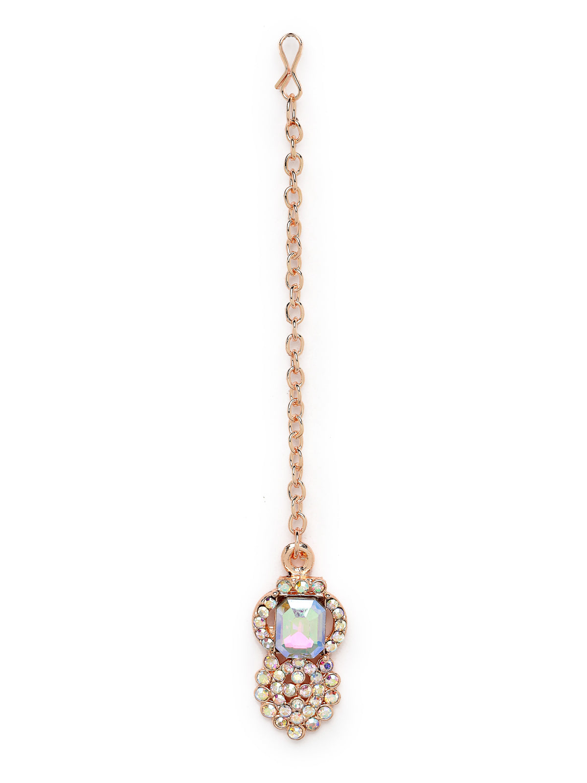 Sukkhi Striking Rose Gold Plated Rainbow Stones Collar Bone Necklace Set With Earring And Maangtika | Jewellery Set For Women (NS105697)
