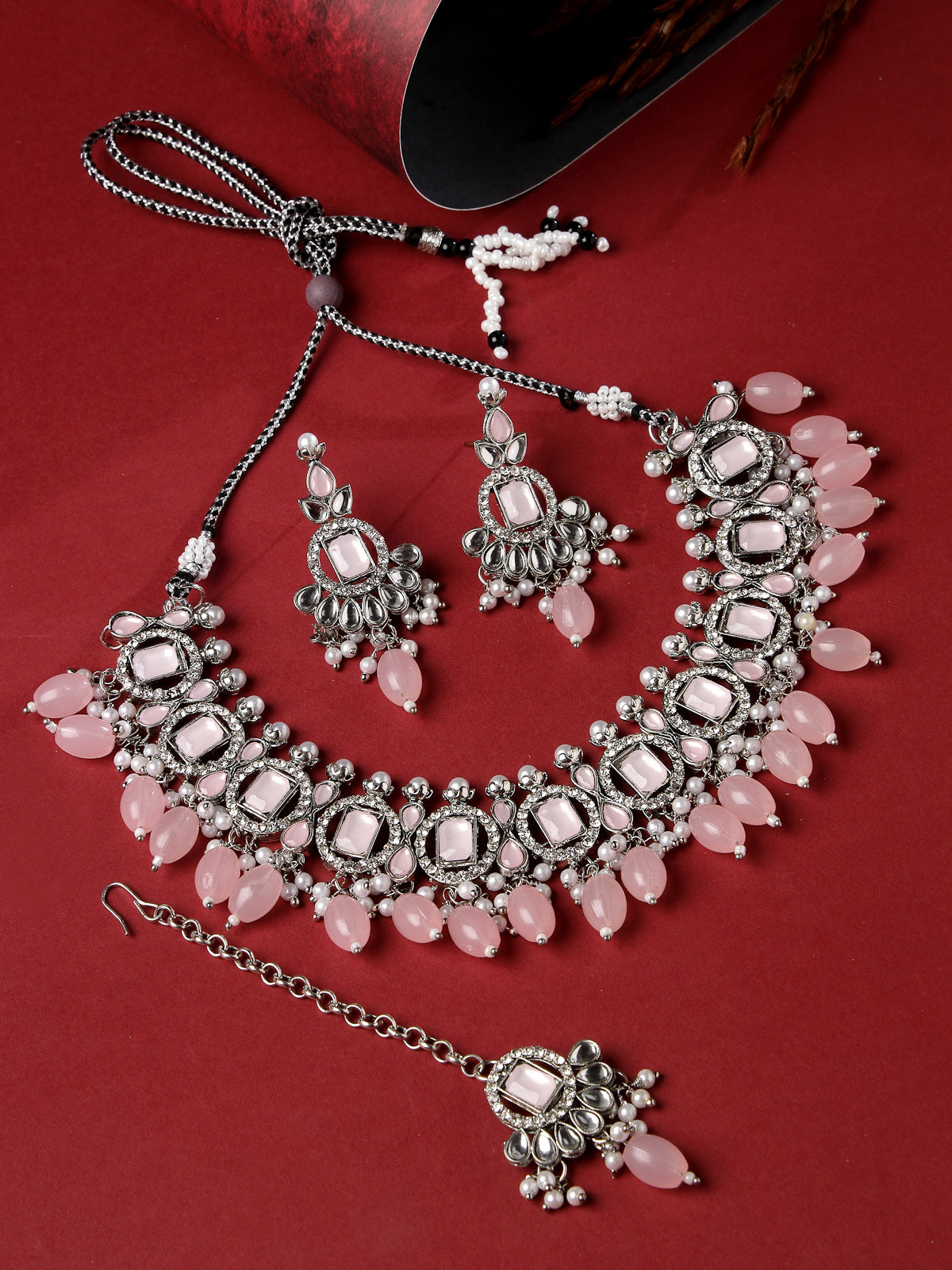 Sukkhi Artistic Rhodium Plated Pink AD Stone Collar Bone Necklace Set With Earring And Maangtika | Jewellery Set For Women (NS105698)