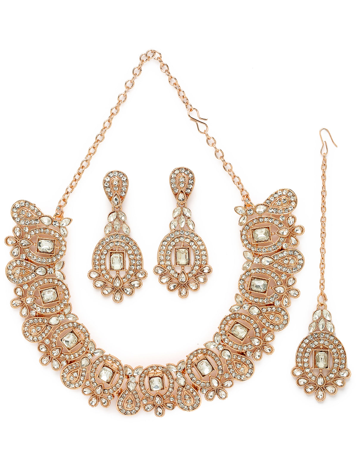 Sukkhi Creative Gold Plated AD Stone Collar Bone Necklace Set With Earring And Maangtika | Jewellery Set For Women (NS105699)