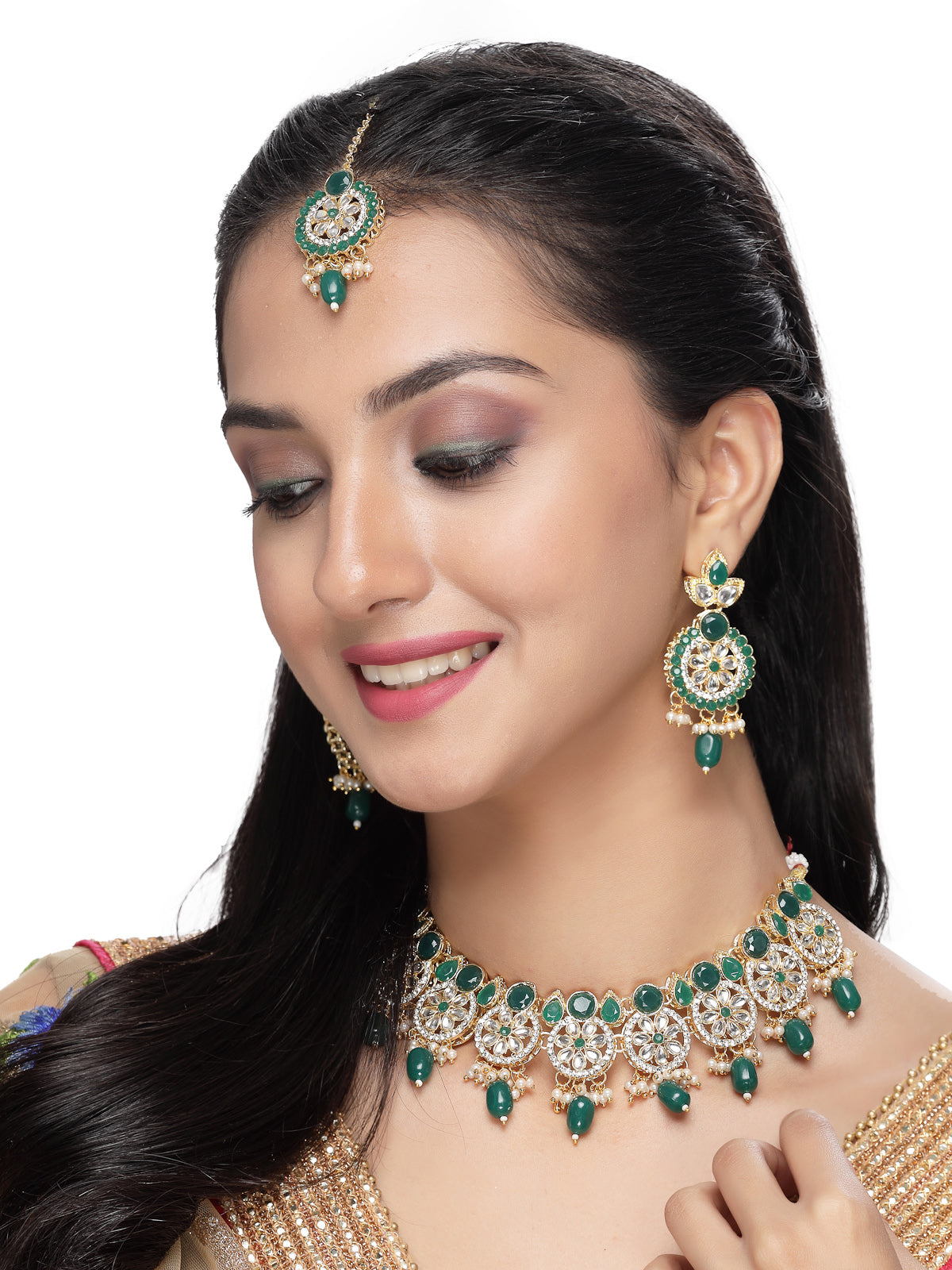 Sukkhi Indian Traditional Gold Plated AD Green Collar Bone Necklace Set With Earring And Maangtika | Jewellery Set For Women (NS105701)