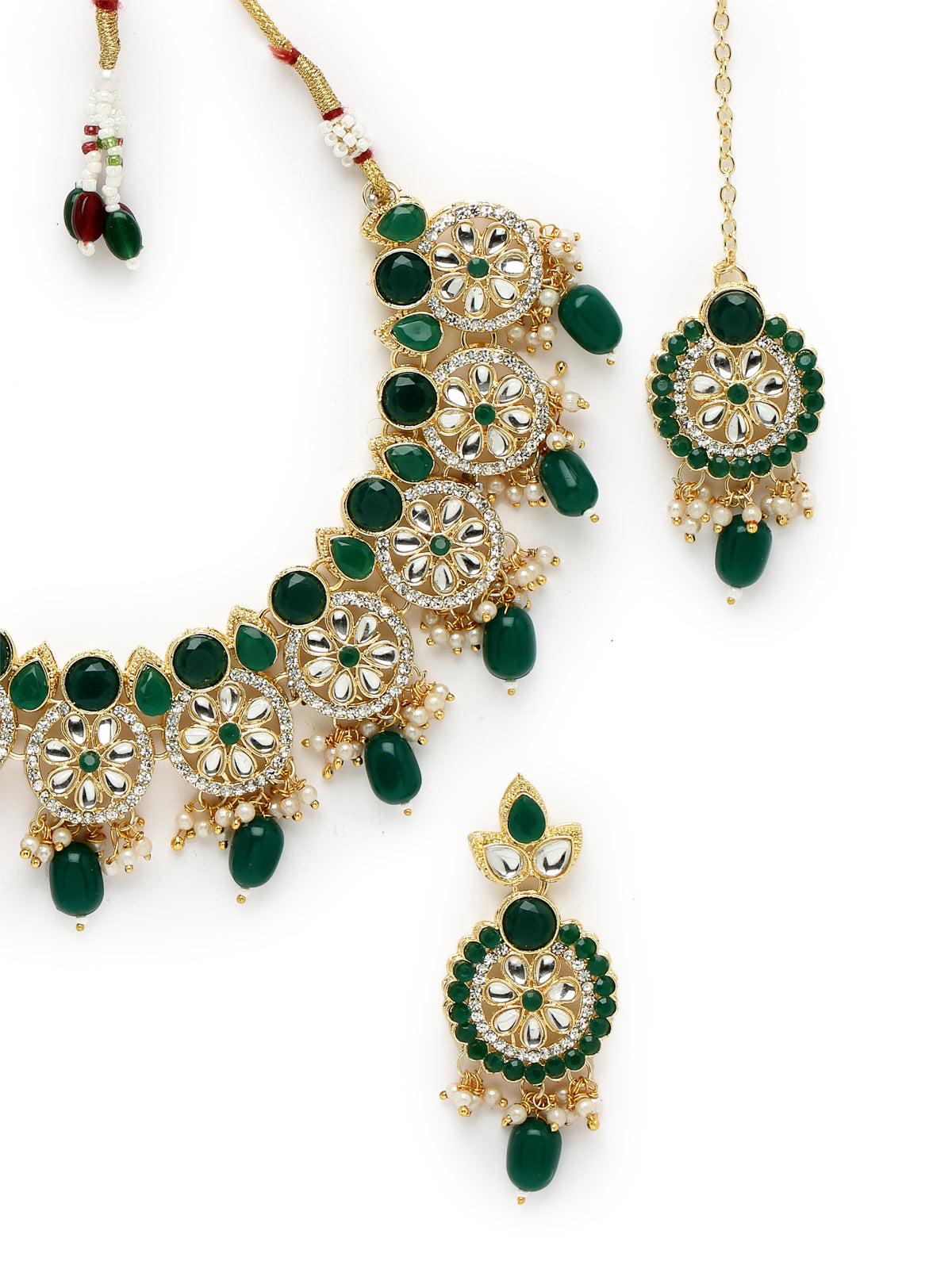 Sukkhi Indian Traditional Gold Plated AD Green Collar Bone Necklace Set With Earring And Maangtika | Jewellery Set For Women (NS105701)