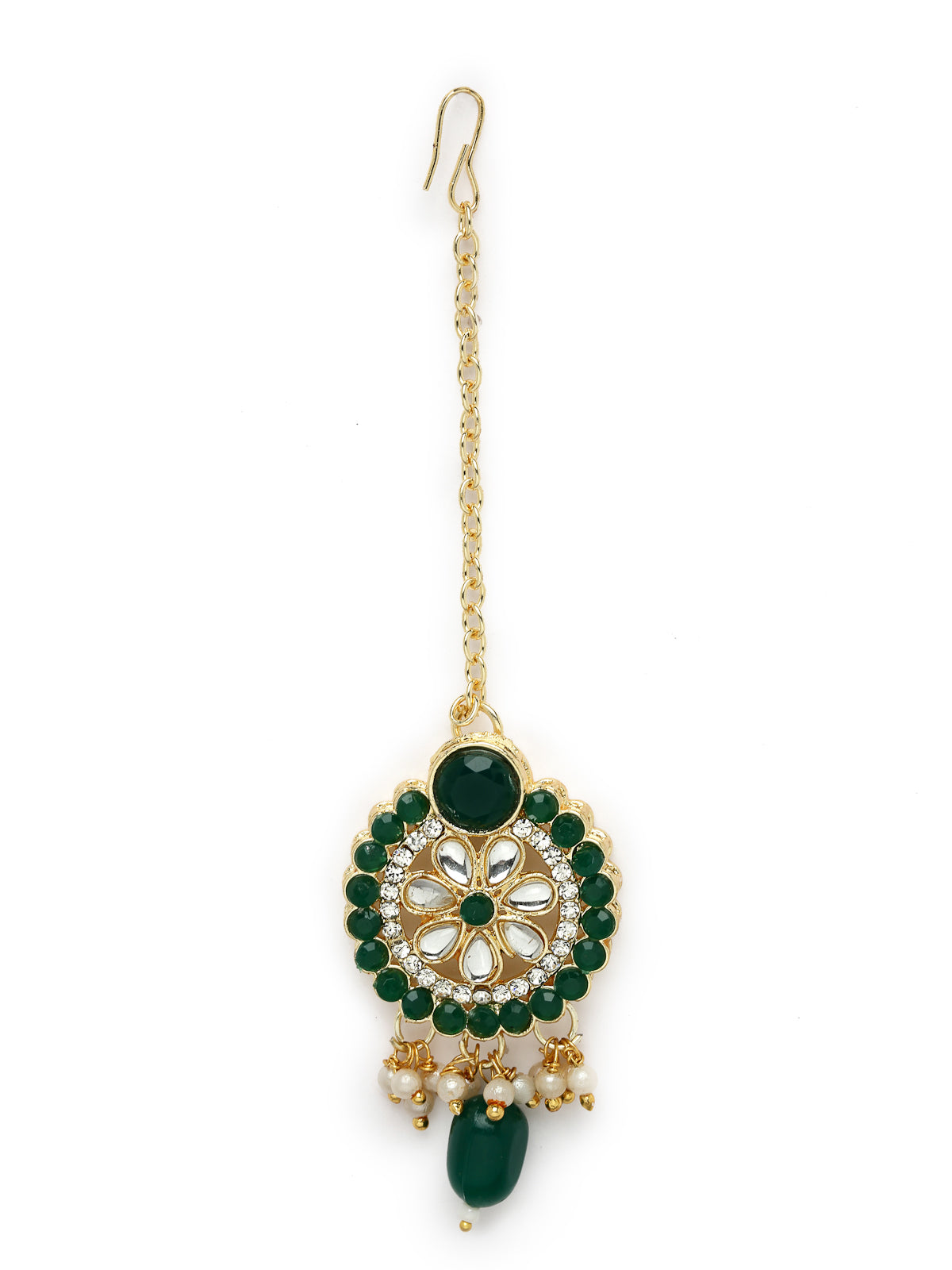 Sukkhi Indian Traditional Gold Plated AD Green Collar Bone Necklace Set With Earring And Maangtika | Jewellery Set For Women (NS105701)