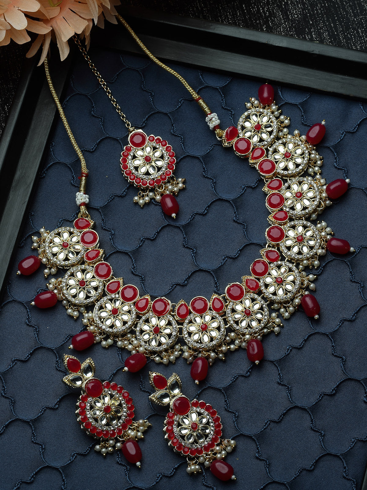 Sukkhi Indian Traditional Gold Plated AD Rani Pink Collar Bone Necklace Set With Earring And Maangtika | Jewellery Set For Women (NS105702)