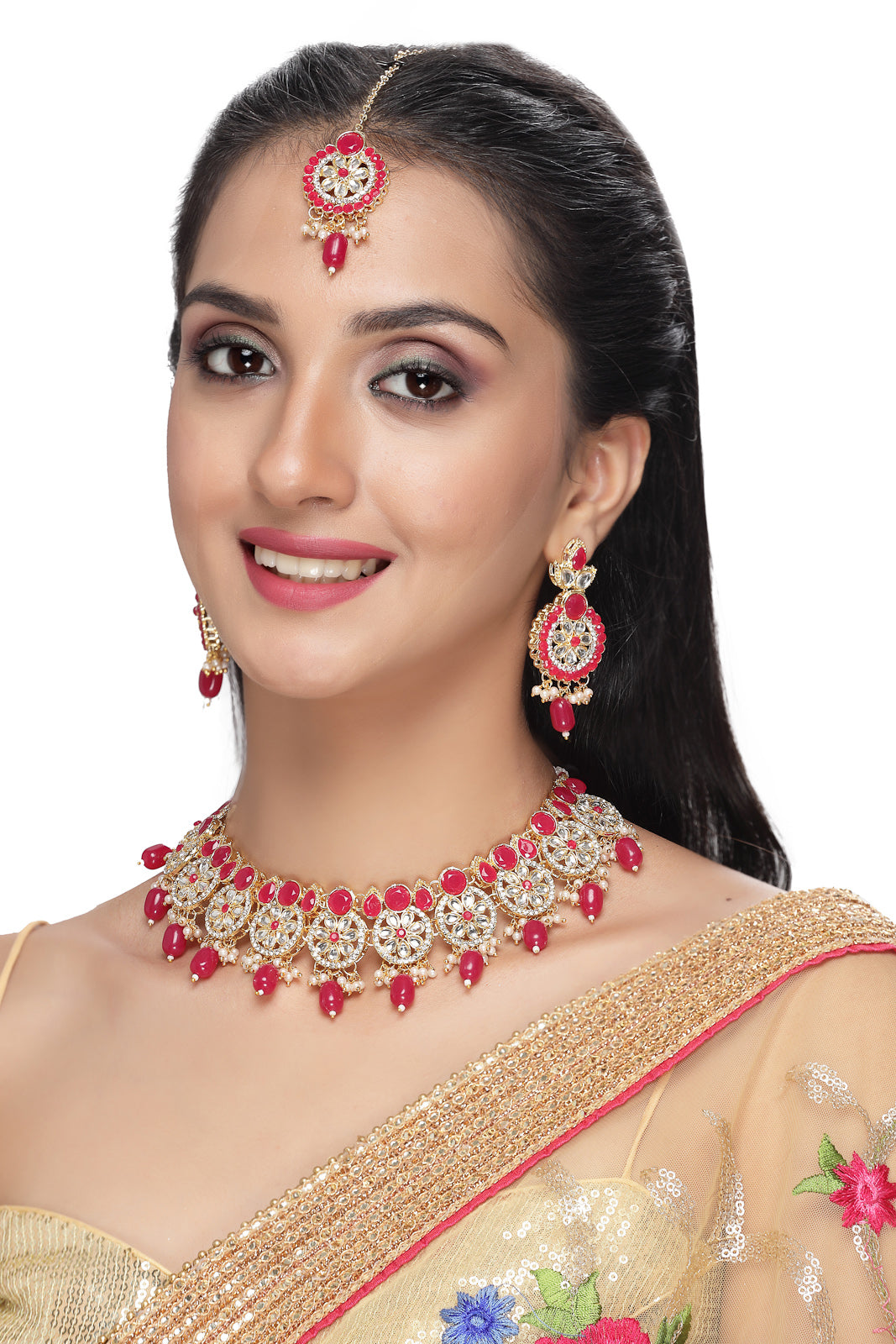 Sukkhi Indian Traditional Gold Plated AD Rani Pink Collar Bone Necklace Set With Earring And Maangtika | Jewellery Set For Women (NS105702)