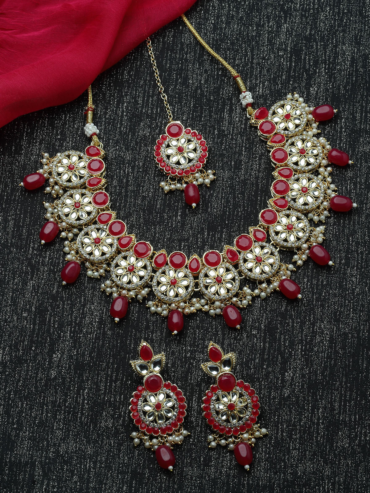 Sukkhi Indian Traditional Gold Plated AD Rani Pink Collar Bone Necklace Set With Earring And Maangtika | Jewellery Set For Women (NS105702)