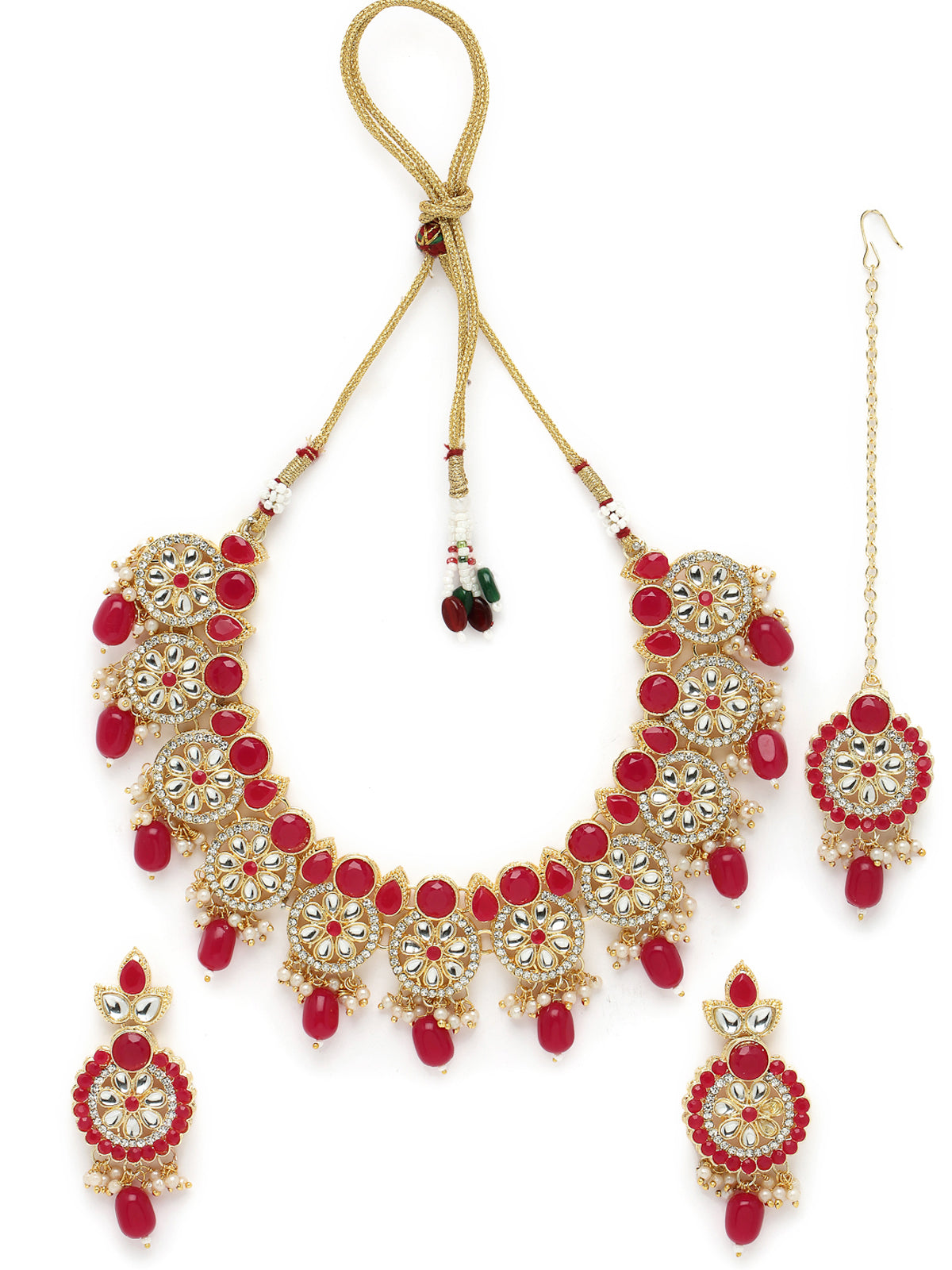 Sukkhi Indian Traditional Gold Plated AD Rani Pink Collar Bone Necklace Set With Earring And Maangtika | Jewellery Set For Women (NS105702)