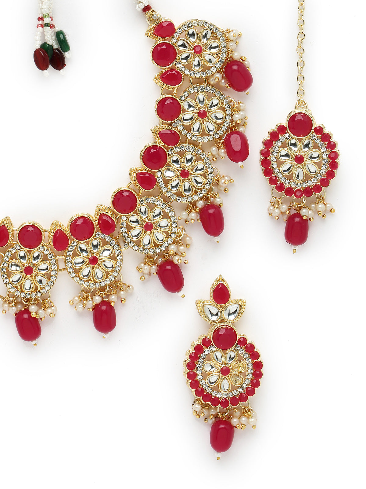 Sukkhi Indian Traditional Gold Plated AD Rani Pink Collar Bone Necklace Set With Earring And Maangtika | Jewellery Set For Women (NS105702)