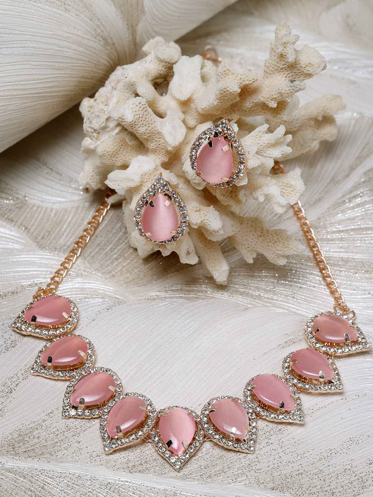 Sukkhi Elaborate Gold-Plated With AD Pink Stones Collar Bone Necklace Set With Drop Earrings | Jewellery Jewellery Set For Women (NS105705)