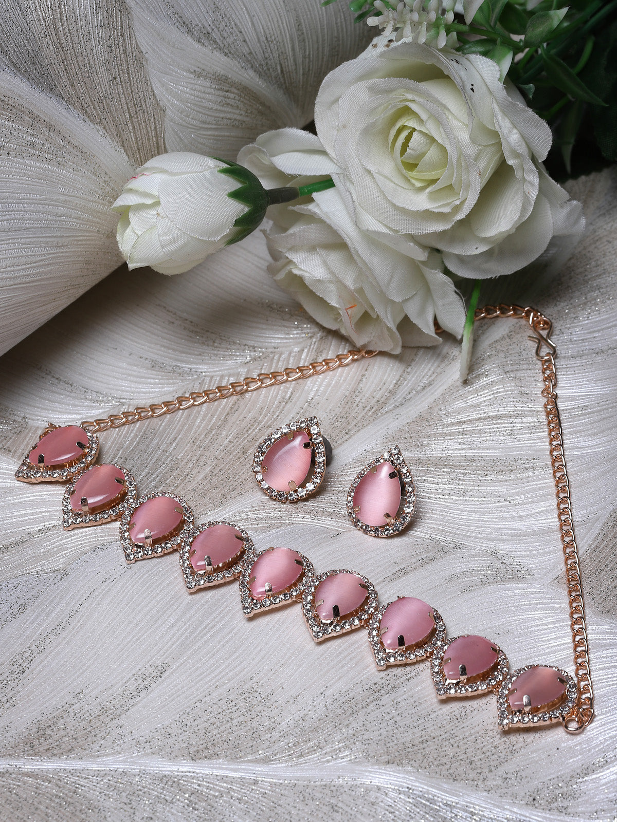 Sukkhi Elaborate Gold-Plated With AD Pink Stones Collar Bone Necklace Set With Drop Earrings | Jewellery Jewellery Set For Women (NS105705)