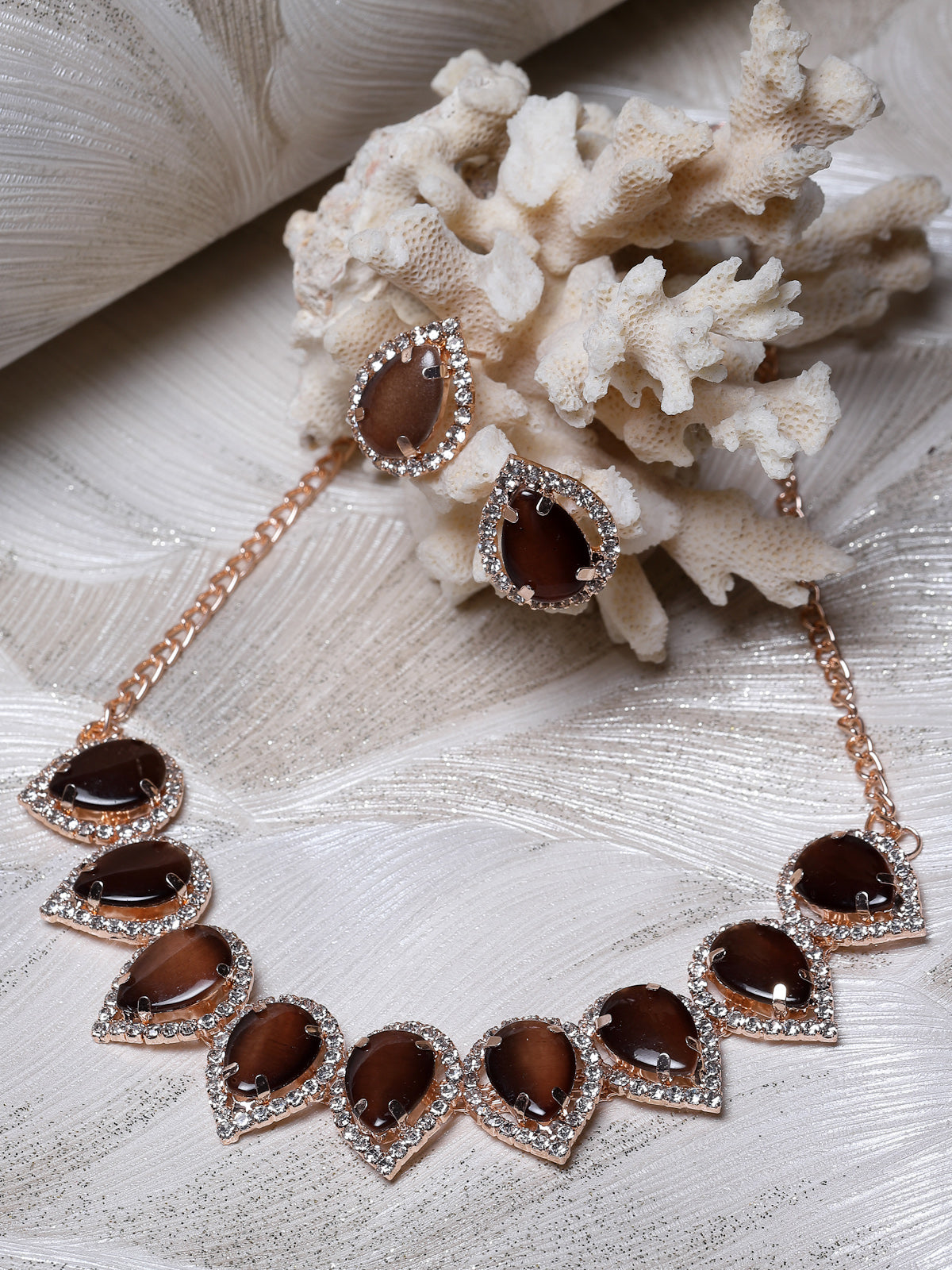 Sukkhi Elaborate Gold-Plated With AD Brown Stones Collar Bone Necklace Set With Drop Earrings | Jewellery Jewellery Set For Women (NS105706)