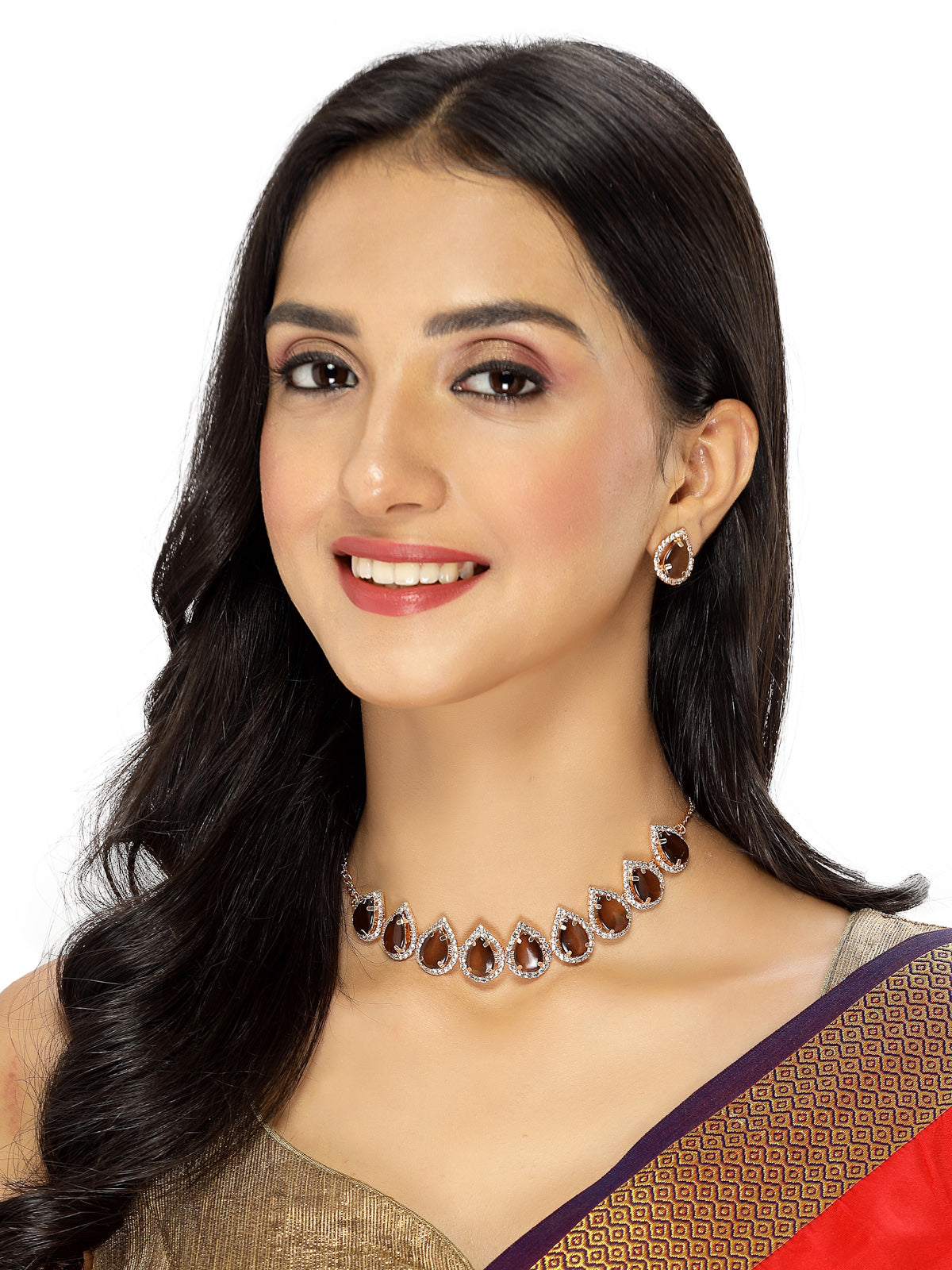 Sukkhi Elaborate Gold-Plated With AD Brown Stones Collar Bone Necklace Set With Drop Earrings | Jewellery Jewellery Set For Women (NS105706)