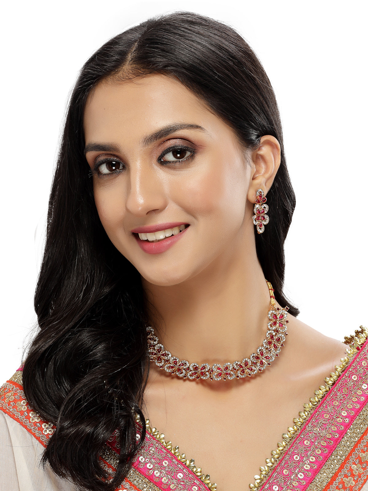 Sukkhi Splendid Gold Plated AD Rani Pink Stones Collar Bone Necklace Set And Earring | Jewellery Set For Women (NS105707)