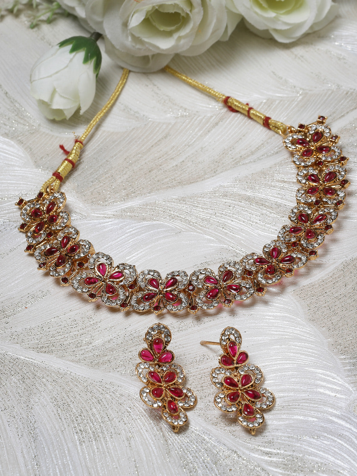 Sukkhi Splendid Gold Plated AD Rani Pink Stones Collar Bone Necklace Set And Earring | Jewellery Set For Women (NS105707)