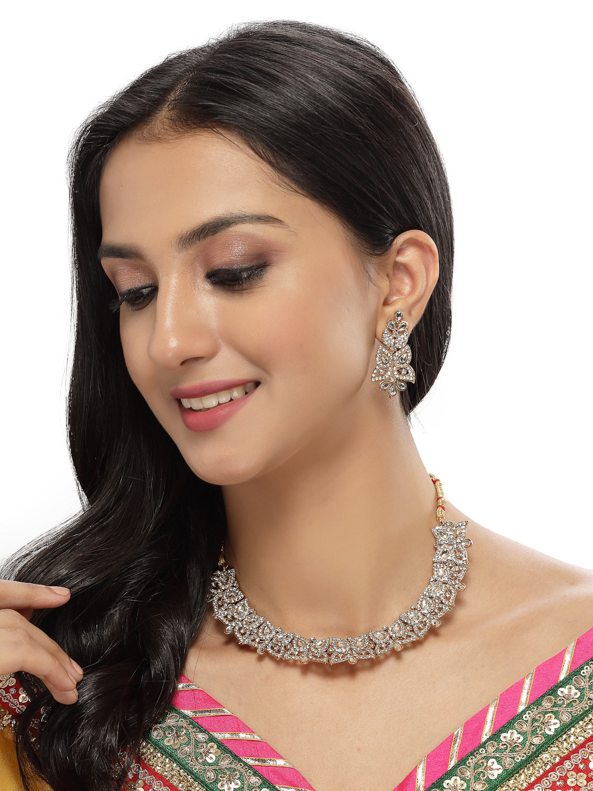 Sukkhi Fierce Gold Plated AD White Stone Collar Bone Necklace Set And Earring | Jewellery Set For Women (NS105708)