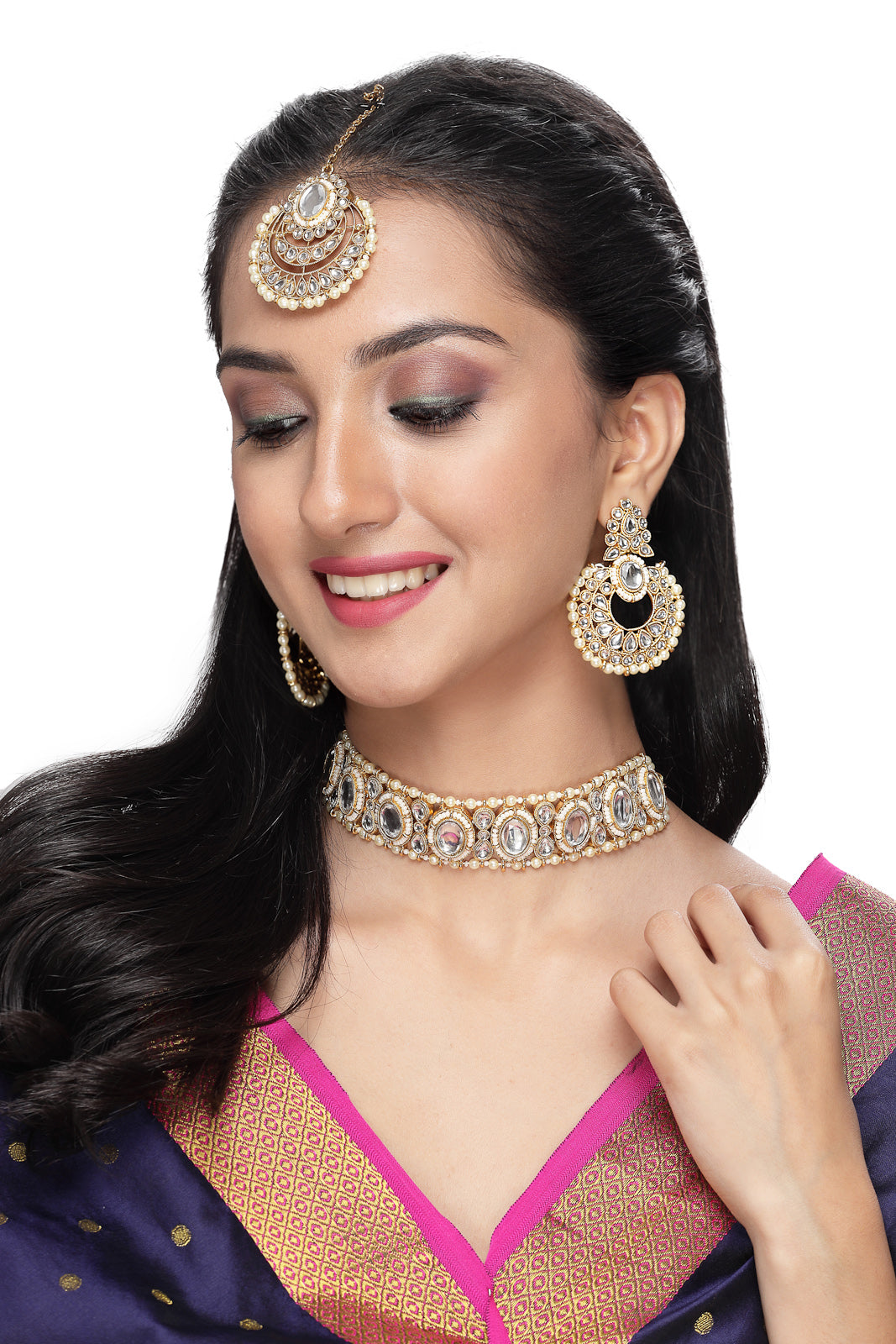 Sukkhi Indian Traditional Gold Plated White Stone & Beads Choker Necklace Set With Earring And Maangtika | Jewellery Set For Women (NS105709)