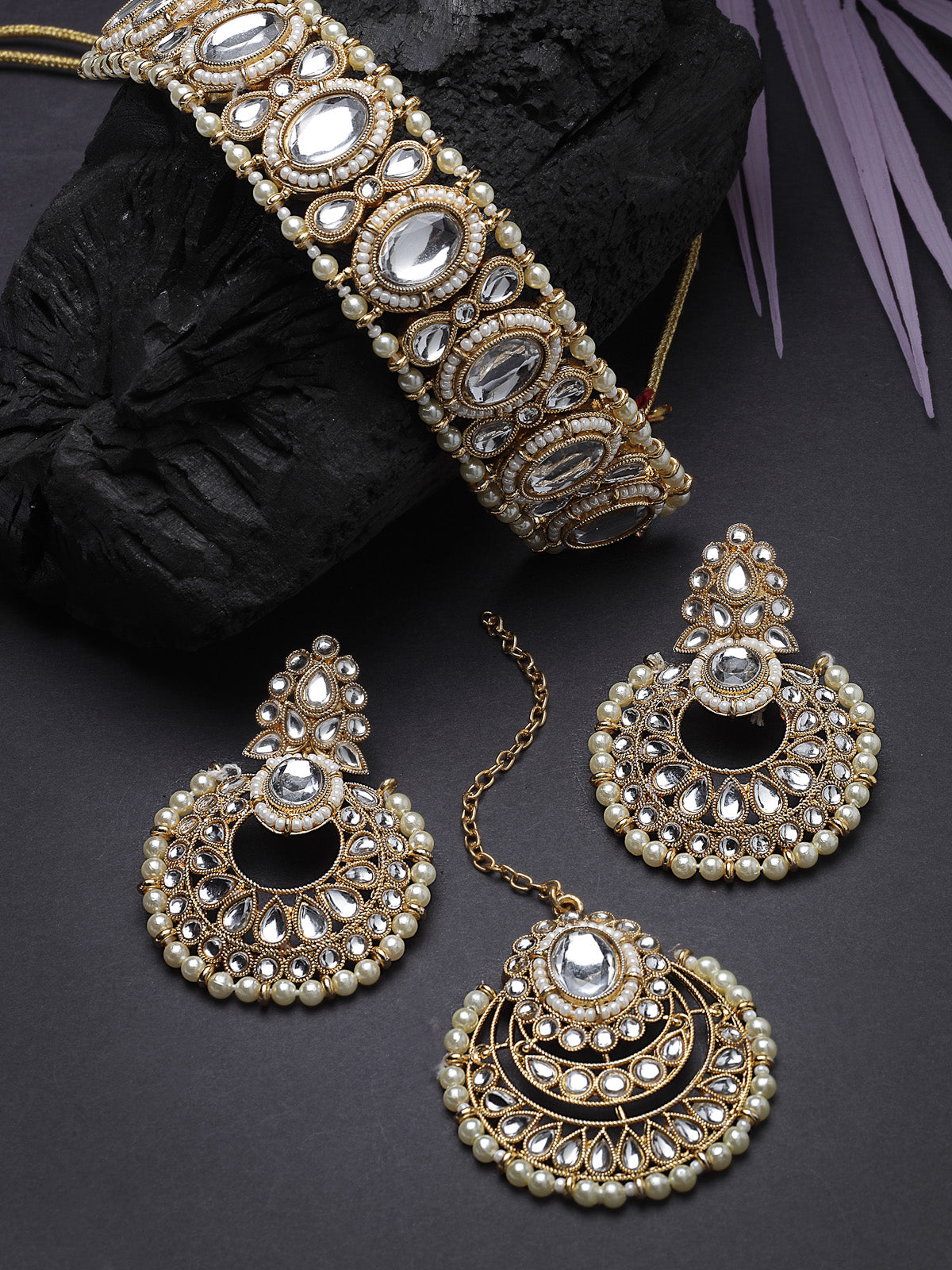 Sukkhi Indian Traditional Gold Plated White Stone & Beads Choker Necklace Set With Earring And Maangtika | Jewellery Set For Women (NS105709)