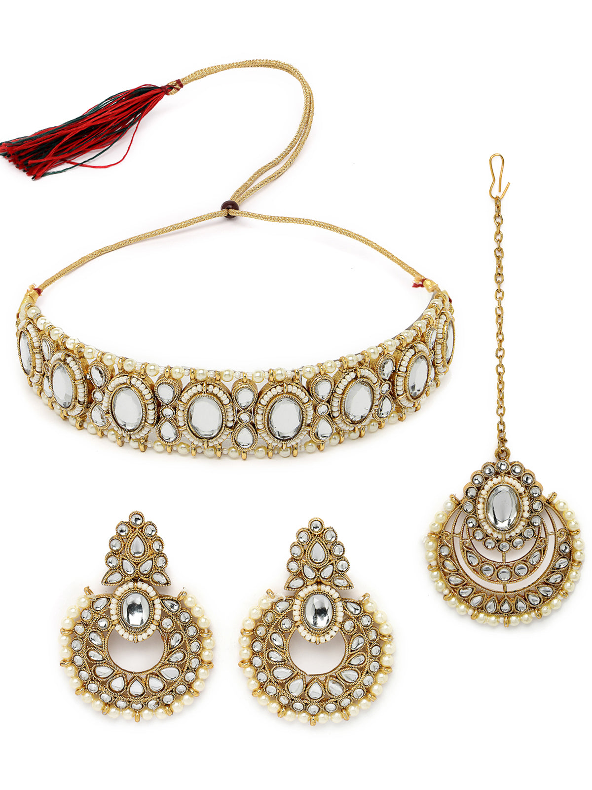 Sukkhi Indian Traditional Gold Plated White Stone & Beads Choker Necklace Set With Earring And Maangtika | Jewellery Set For Women (NS105709)