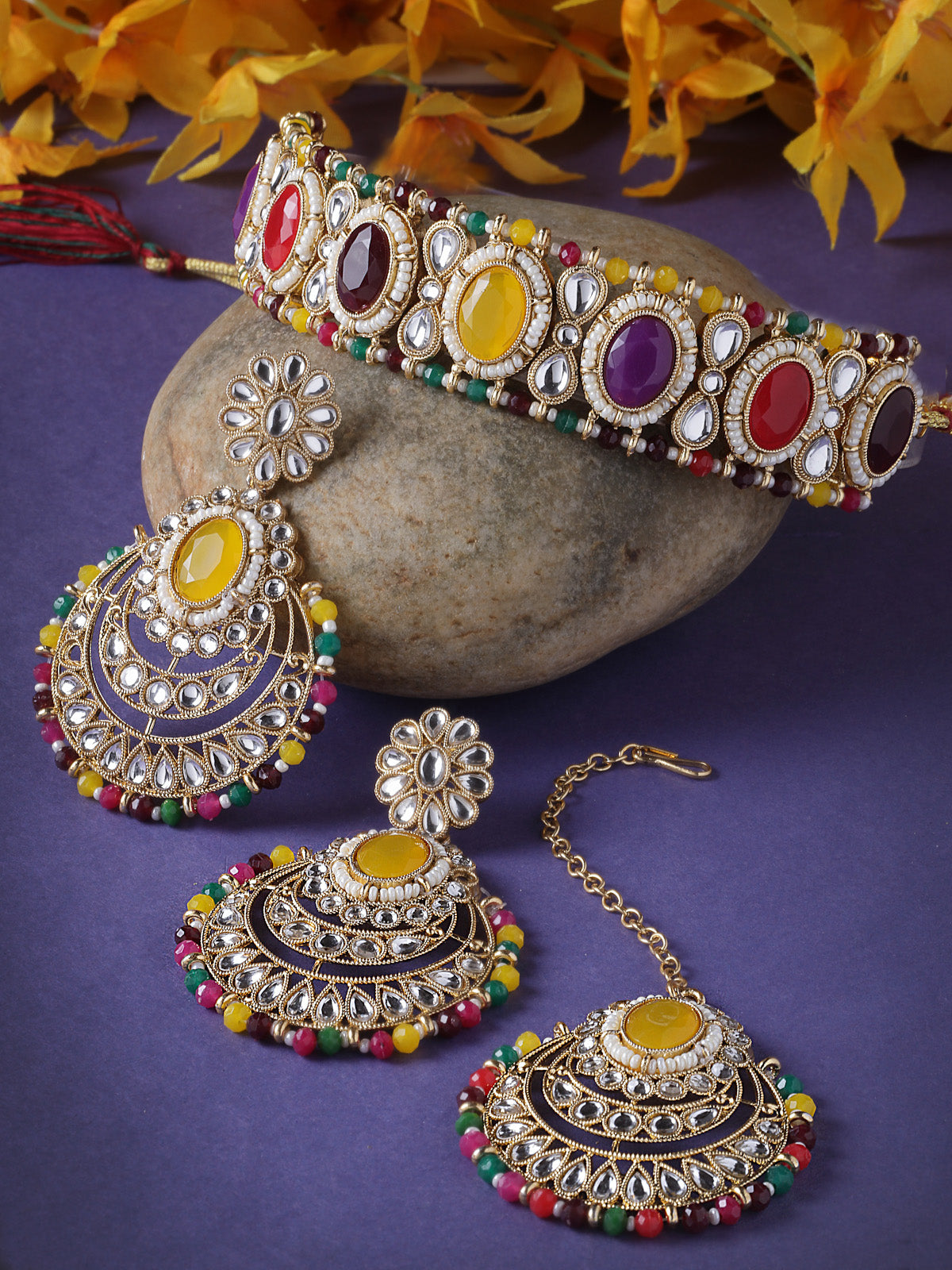 Sukkhi Indian Traditional Gold Plated Multicolor Stone & Beads Choker Necklace Set With Earring And Maangtika | Jewellery Set For Women (NS105711)