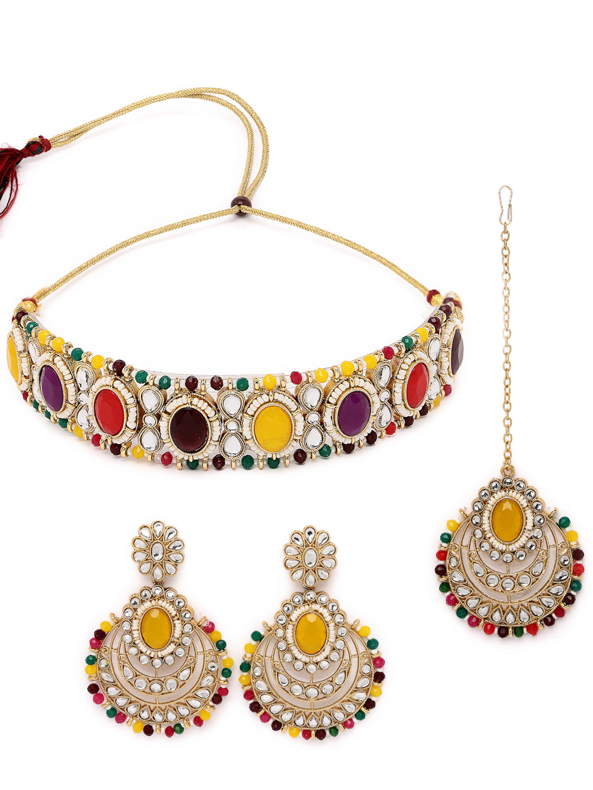 Sukkhi Indian Traditional Gold Plated Multicolor Stone & Beads Choker Necklace Set With Earring And Maangtika | Jewellery Set For Women (NS105711)