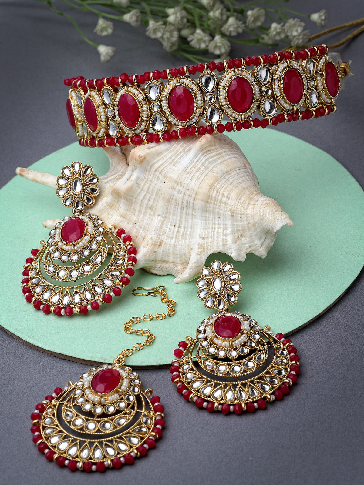Sukkhi Indian Traditional Gold Plated Rani Pink Stone & Beads Choker Necklace Set With Earring And Maangtika | Jewellery Set For Women (NS105712)