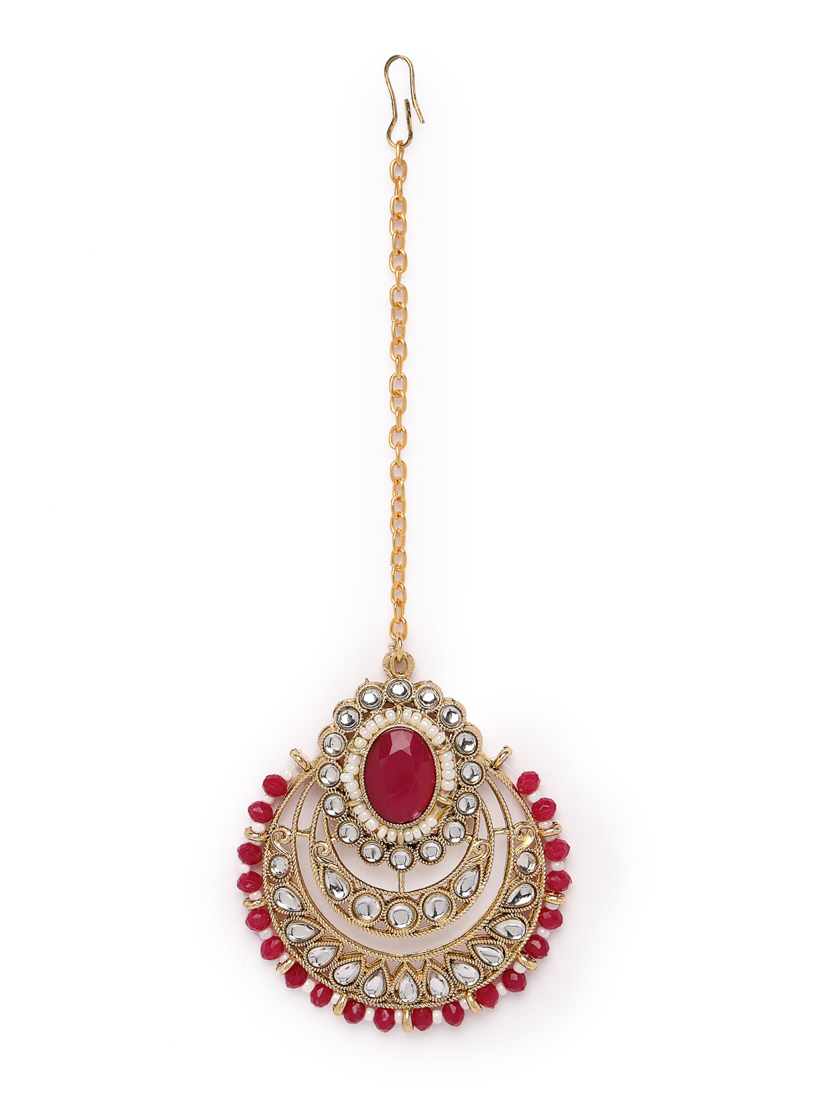 Sukkhi Indian Traditional Gold Plated Rani Pink Stone & Beads Choker Necklace Set With Earring And Maangtika | Jewellery Set For Women (NS105712)