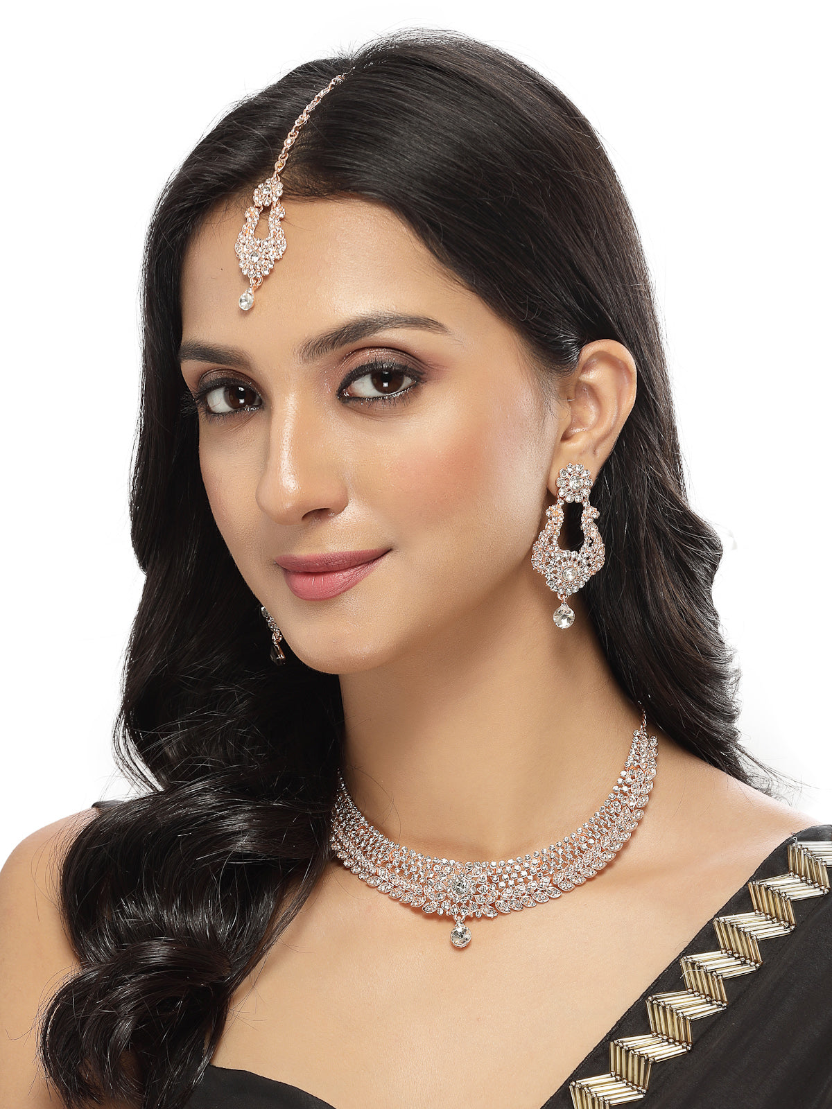 Sukkhi Glittering Rose Gold Plated AD White Stone Collar Bone Necklace Set With Earring And Maangtika | Jewellery Set For Women (NS105713)