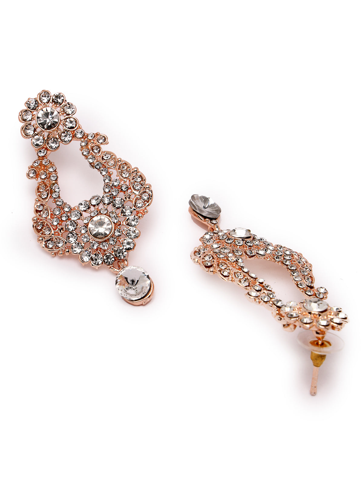 Sukkhi Glittering Rose Gold Plated AD White Stone Collar Bone Necklace Set With Earring And Maangtika | Jewellery Set For Women (NS105713)