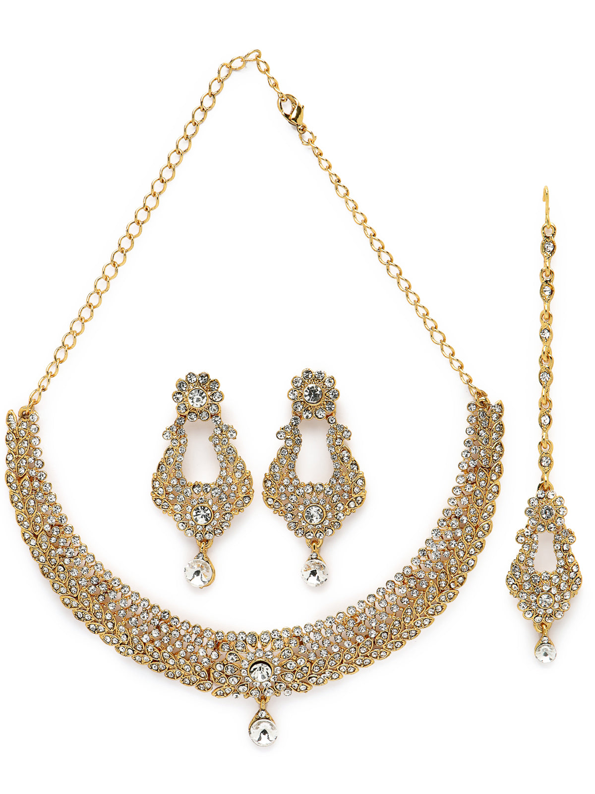 Sukkhi Exhilarating Gold Plated AD White Stone Collar Bone Necklace Set With Earring And Maangtika | Jewellery Set For Women (NS105714)