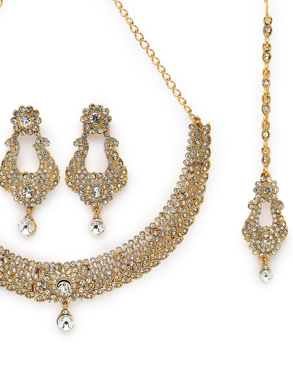 Sukkhi Exhilarating Gold Plated AD White Stone Collar Bone Necklace Set With Earring And Maangtika | Jewellery Set For Women (NS105714)