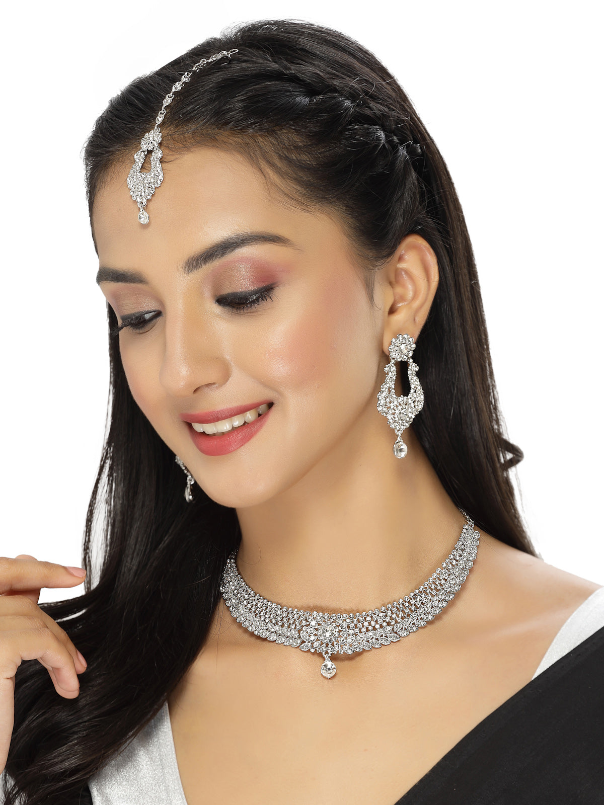 Sukkhi Handcrafted Rhodium Plated Silver AD White Stone Collar Bone Necklace Set With Earring And Maangtika | Jewellery Set For Women (NS105715)