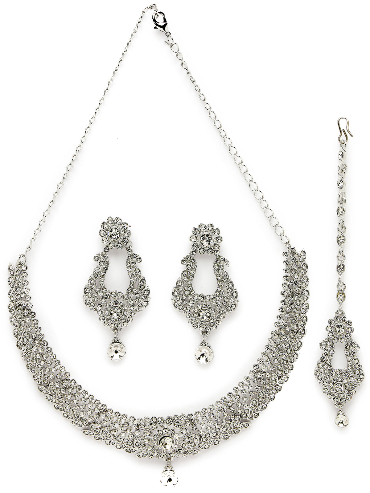 Sukkhi Handcrafted Rhodium Plated Silver AD White Stone Collar Bone Necklace Set With Earring And Maangtika | Jewellery Set For Women (NS105715)