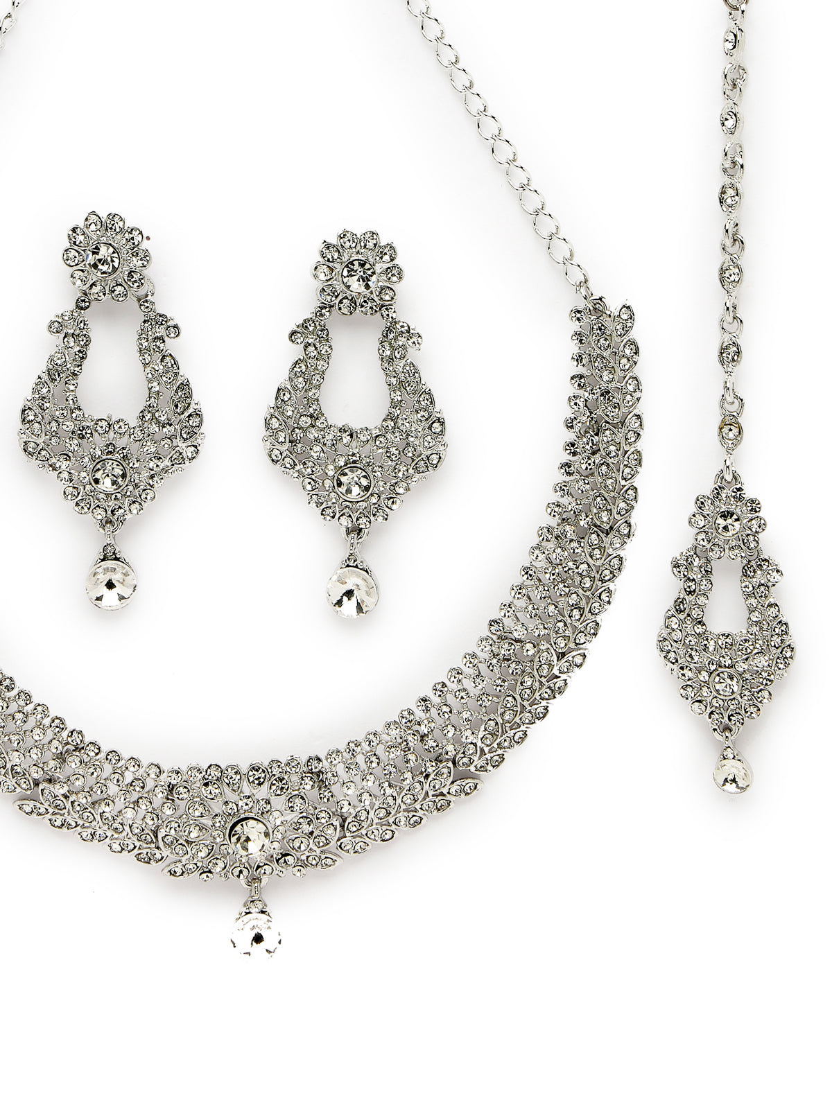 Sukkhi Handcrafted Rhodium Plated Silver AD White Stone Collar Bone Necklace Set With Earring And Maangtika | Jewellery Set For Women (NS105715)